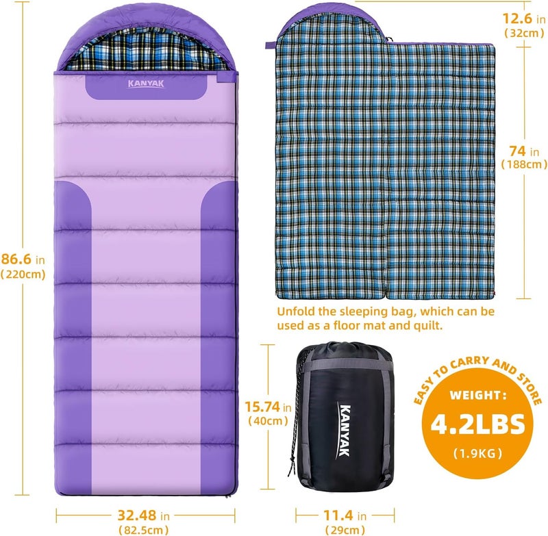 Kanyak Cotton Flannel Lined Sleeping Bag for Adults Teens Kids, Cold Weather &Warm, 3 Seasons, Lightweight Compact Camping Essentials Equipment, Hiking, Outdoor, Travel - Image 2